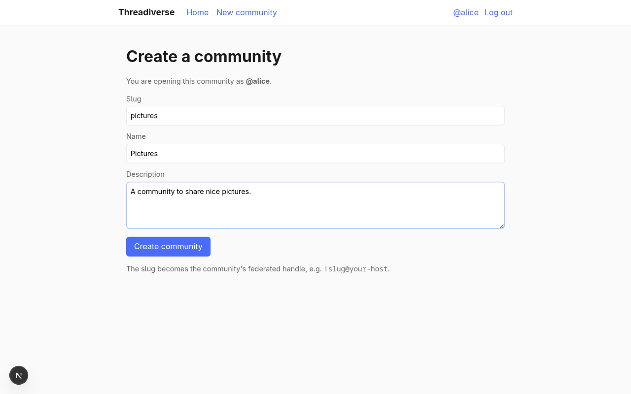 Screenshot: the new-community form